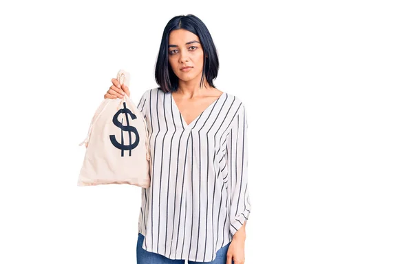 Young Beautiful Latin Woman Holding Money Bag Dollar Symbol Thinking — Stock Photo, Image