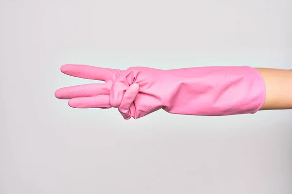 Hand Caucasian Young Woman Wearing Pink Cleaning Glove Showing Fingers — Stock Photo, Image