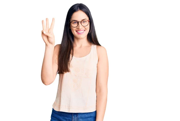 Joven Hermosa Mujer Caucásica Con Ropa Casual Gafas Que Muestran — Foto de Stock