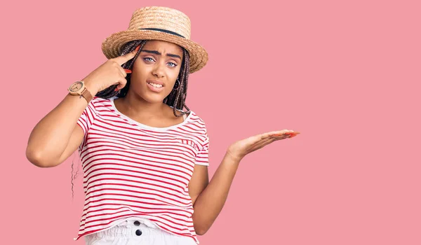Young African American Woman Braids Wearing Summer Hat Confused Annoyed — Stock Photo, Image