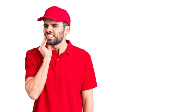 Young Handsome Man Beard Wearing Delivery Uniform Touching Mouth Hand — Stock Photo, Image