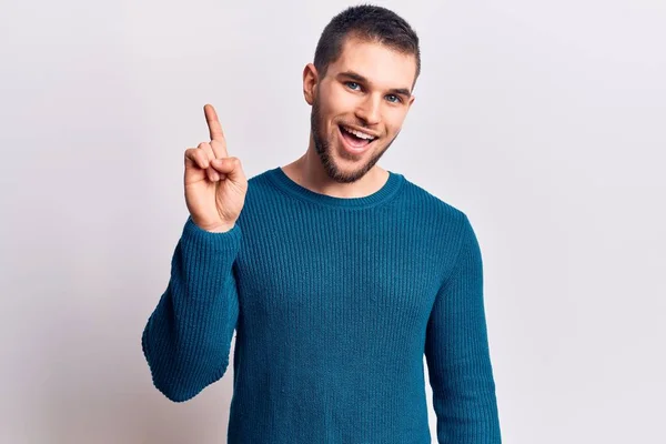Young Handsome Man Wearing Casual Sweater Smiling Idea Question Pointing — Stock Photo, Image