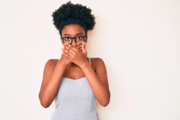 Young African American Woman Wearing Casual Clothes Glasses Shocked Covering — Stock Photo, Image