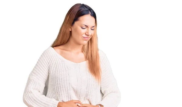 Beautiful Young Woman Wearing Casual Clothes Hand Stomach Because Indigestion — Stock Photo, Image