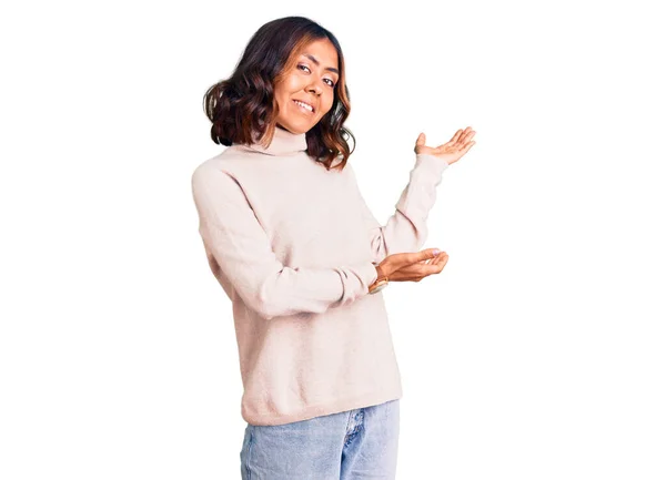 Young Beautiful Mixed Race Woman Wearing Winter Turtleneck Sweater Inviting — Stock Photo, Image