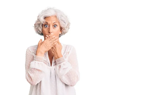 Senior Grey Haired Woman Wearing Casual Clothes Shocked Covering Mouth — Stock Photo, Image