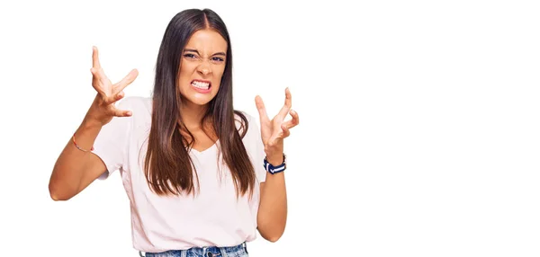 Young Hispanic Woman Wearing Casual White Tshirt Shouting Frustrated Rage — Stock Photo, Image