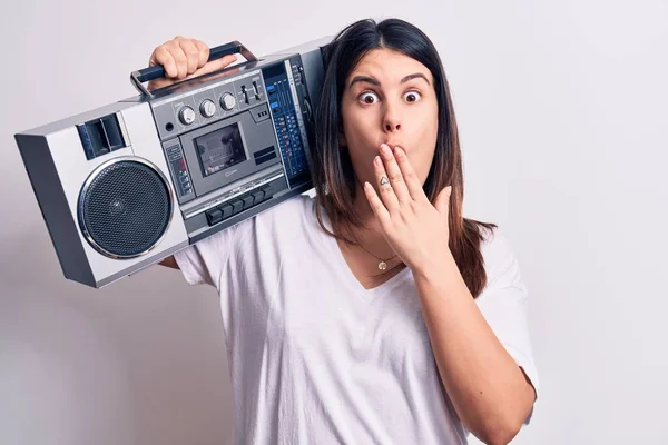 Young Beautiful Woman Listening Music Using Vintage Boombox White Background — Stock Photo, Image