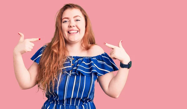 Young Beautiful Redhead Woman Wearing Casual Clothes Smiling Cheerful Showing — Stock Photo, Image