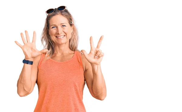 Middle Age Fit Blonde Woman Wearing Casual Summer Clothes Sunglasses — Stock Photo, Image