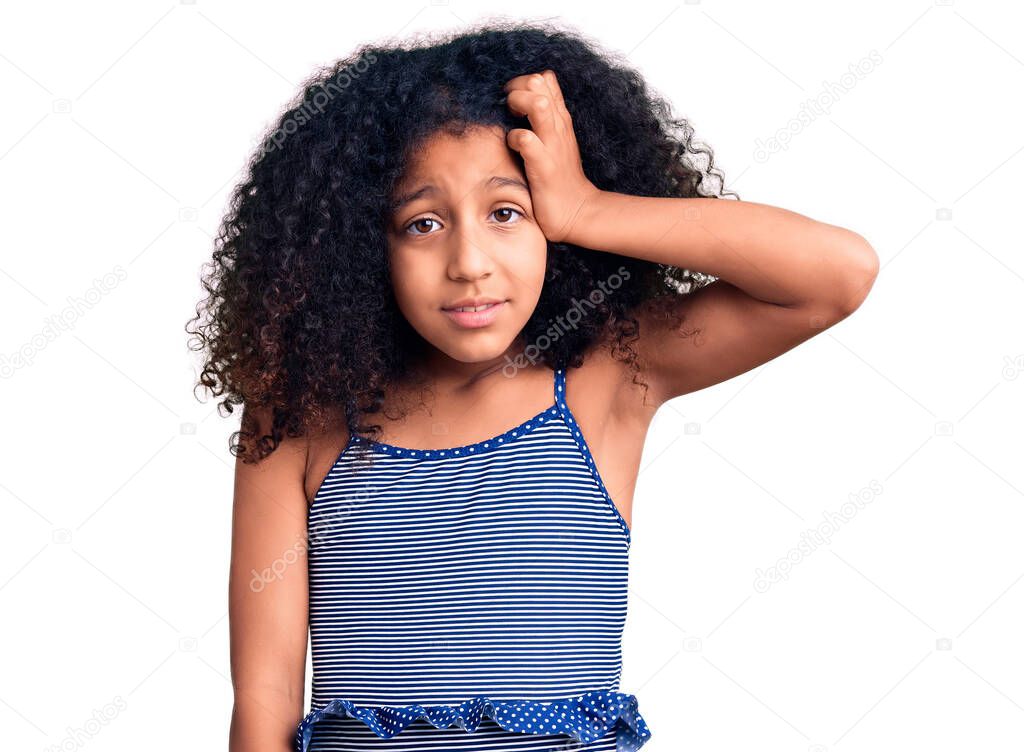 African american child with curly hair wearing swimwear confuse and wonder about question. uncertain with doubt, thinking with hand on head. pensive concept. 