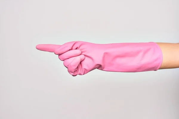 Hand Caucasian Young Woman Wearing Pink Cleaning Glove Pointing Index — Stock Photo, Image