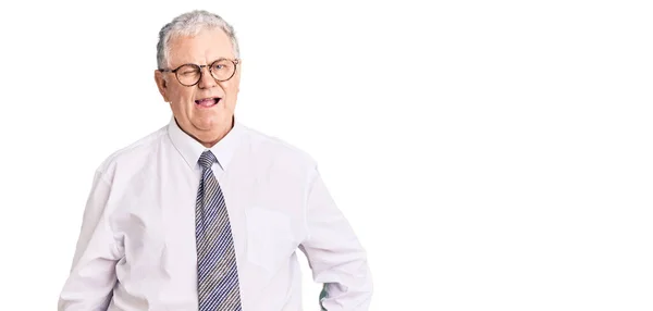 Senior Grey Haired Man Wearing Business Clothes Winking Looking Camera — Stock Photo, Image