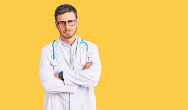 Handsome Young Man Bear Wearing Doctor Uniform Skeptic Nervous Disapproving — Stock Photo, Image