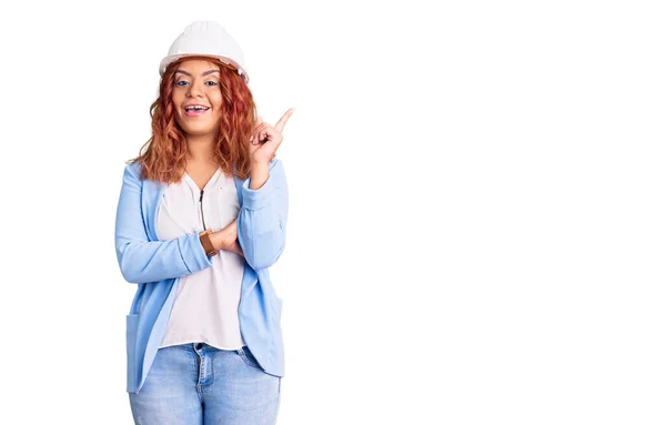 Young Latin Woman Wearing Architect Hardhat Big Smile Face Pointing — Stock Photo, Image