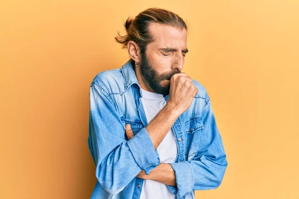 Attractive Man Long Hair Beard Wearing Casual Denim Jacket Feeling — Stock Photo, Image