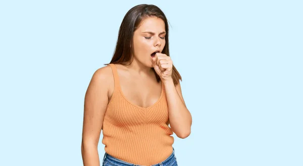 Young Caucasian Woman Wearing Casual Clothes Feeling Unwell Coughing Symptom — Stock Photo, Image