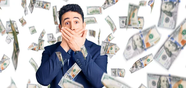 Young Hispanic Man Wearing Business Clothes Shocked Covering Mouth Hands — Stock Photo, Image