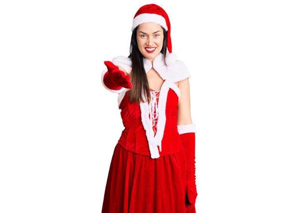 Giovane Bella Donna Caucasica Indossa Costume Babbo Natale Sorridente Allegra — Foto Stock