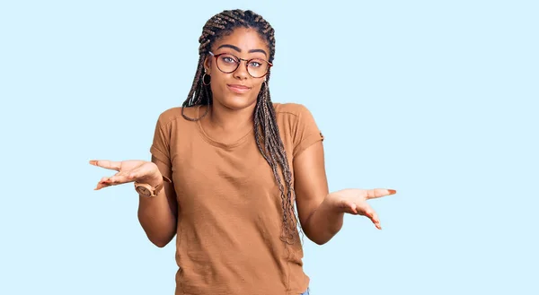Young African American Woman Braids Wearing Casual Clothes Glasses Clueless — Stock Photo, Image