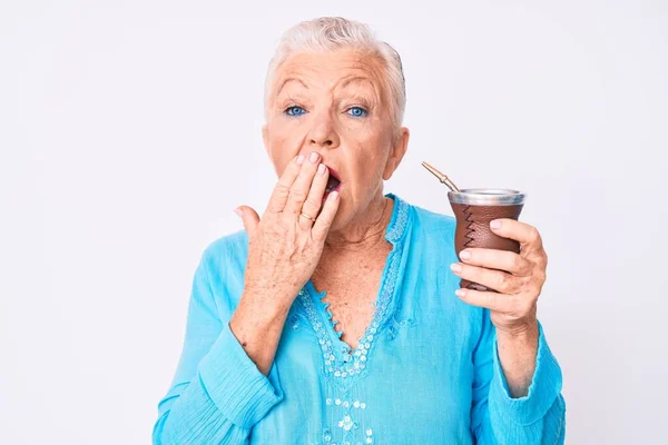 Starsza Piękna Kobieta Niebieskimi Oczami Siwymi Włosami Pijąca Napar Kolegą — Zdjęcie stockowe