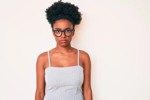 Young African American Woman Wearing Casual Clothes Glasses Serious Expression — Stock Photo, Image