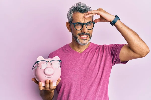 Middle Age Grey Haired Man Holding Piggy Bank Glasses Stressed — Stock Photo, Image