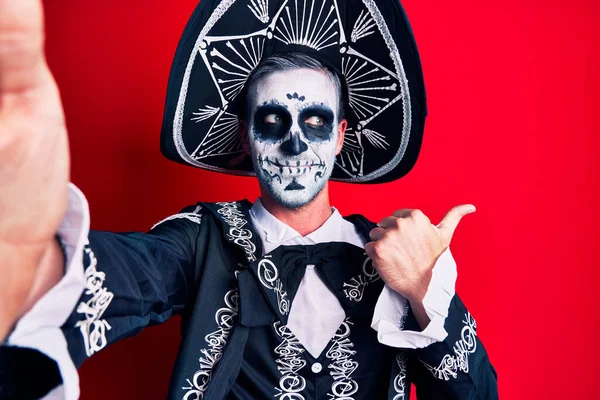 Young Man Wearing Mexican Day Dead Costume Make Selfie Camera — Stock Photo, Image