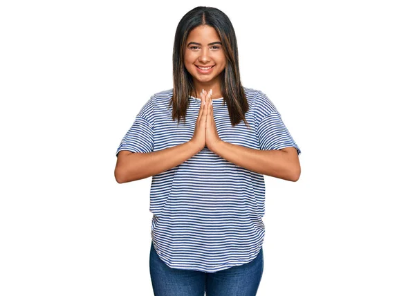 Young Latin Girl Wearing Casual Clothes Praying Hands Together Asking — Stock Photo, Image