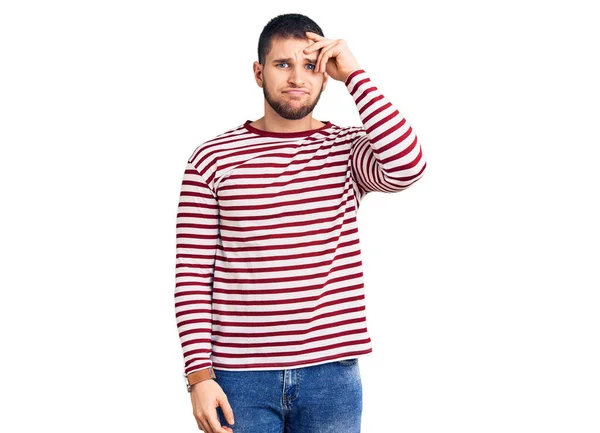 Young Handsome Man Wearing Striped Sweater Worried Stressed Problem Hand — Stock Photo, Image