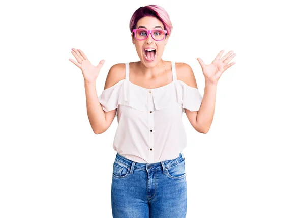 Young Beautiful Woman Pink Hair Wearing Casual Clothes Glasses Celebrating — Stock Photo, Image