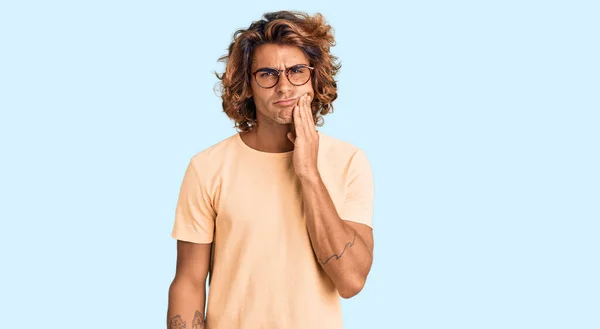 Young Hispanic Man Wearing Casual Clothes Glasses Touching Mouth Hand — Stock Photo, Image