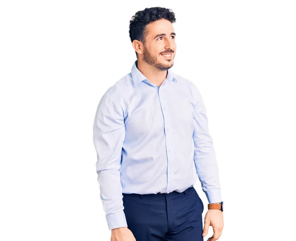 Junger Hispanischer Mann Businesskleidung Der Mit Einem Lächeln Gesicht Und — Stockfoto
