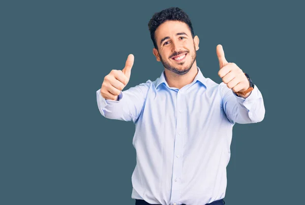 Young Hispanic Man Wearing Business Clothes Approving Doing Positive Gesture — Stock Photo, Image