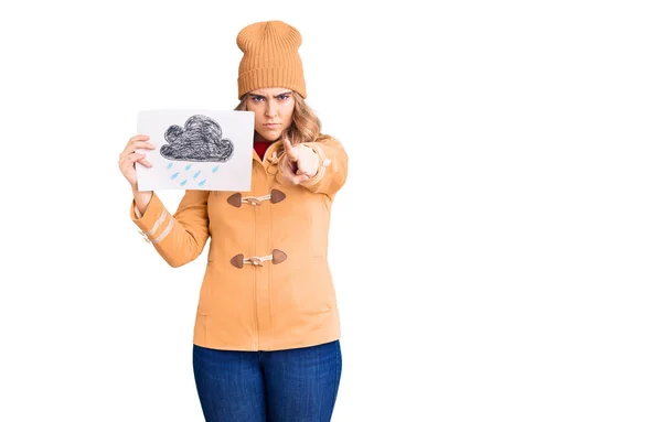 Young Caucasian Woman Wearing Winter Clothes Holding Rain Draw Pointing — Stock Photo, Image