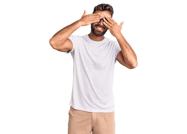 Young Hispanic Man Wearing Casual Clothes Glasses Covering Eyes Hands — Stock Photo, Image