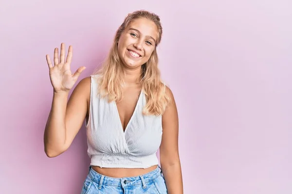 Young Blonde Girl Wearing Casual Clothes Showing Pointing Fingers Number — Stock Photo, Image