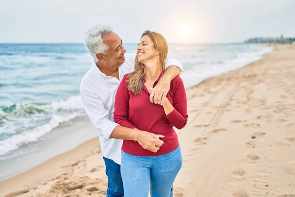 Middle Age Hispanic Couple Smiling Happy Hugging Walking Beach — Stock Photo, Image