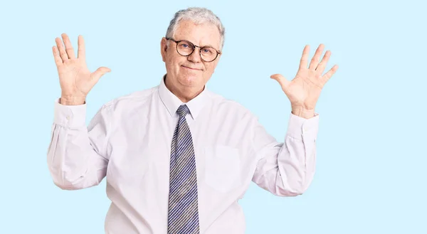 Senior Grey Haired Man Wearing Business Clothes Showing Pointing Fingers — Stock Photo, Image