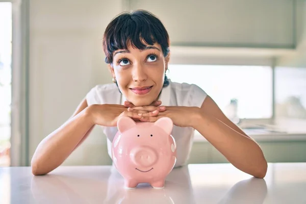 Young Brunette Woman Smiling Happy Showing Proud Piggy Bank Savings — Stock Photo, Image