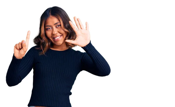 Young Beautiful Mixed Race Woman Wearing Casual Clothes Showing Pointing — Stock Photo, Image