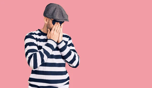 Young Handsome Man Wearing Burglar Mask Rubbing Eyes Fatigue Headache — Stock Photo, Image