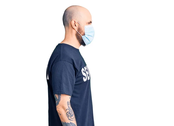 Young Handsome Man Wearing Security Shirt Medical Mask Looking Side — Stock Photo, Image