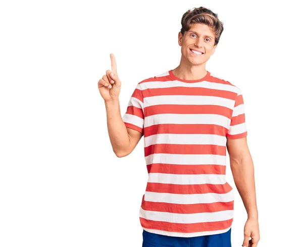 Young Handsome Man Wearing Casual Clothes Showing Pointing Finger Number — Stock Photo, Image