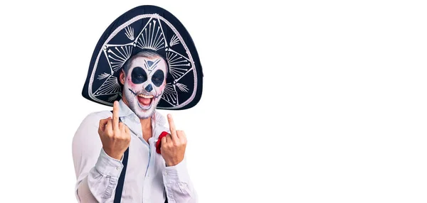 Man Wearing Day Dead Costume Background Showing Middle Finger Doing — 스톡 사진