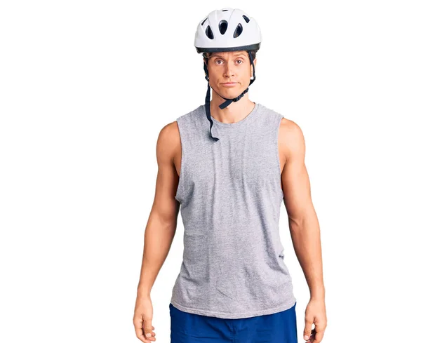 Young Handsome Man Wearing Bike Helmet Depressed Worry Distress Crying — Stock Photo, Image