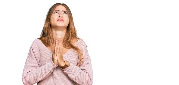 Beautiful Blonde Woman Wearing Casual Winter Pink Sweater Begging Praying — Stock Photo, Image