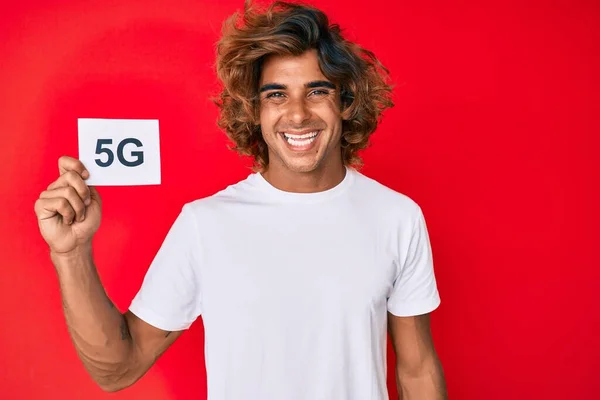 Young Hispanic Man Holding Paper Message Looking Positive Happy Standing — Stock Photo, Image