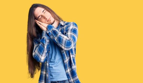 Young Adult Man Long Hair Wearing Casual Shirt Sleeping Tired — Stock Photo, Image