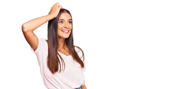 Young Hispanic Woman Wearing Casual White Tshirt Smiling Confident Touching — Stock Photo, Image